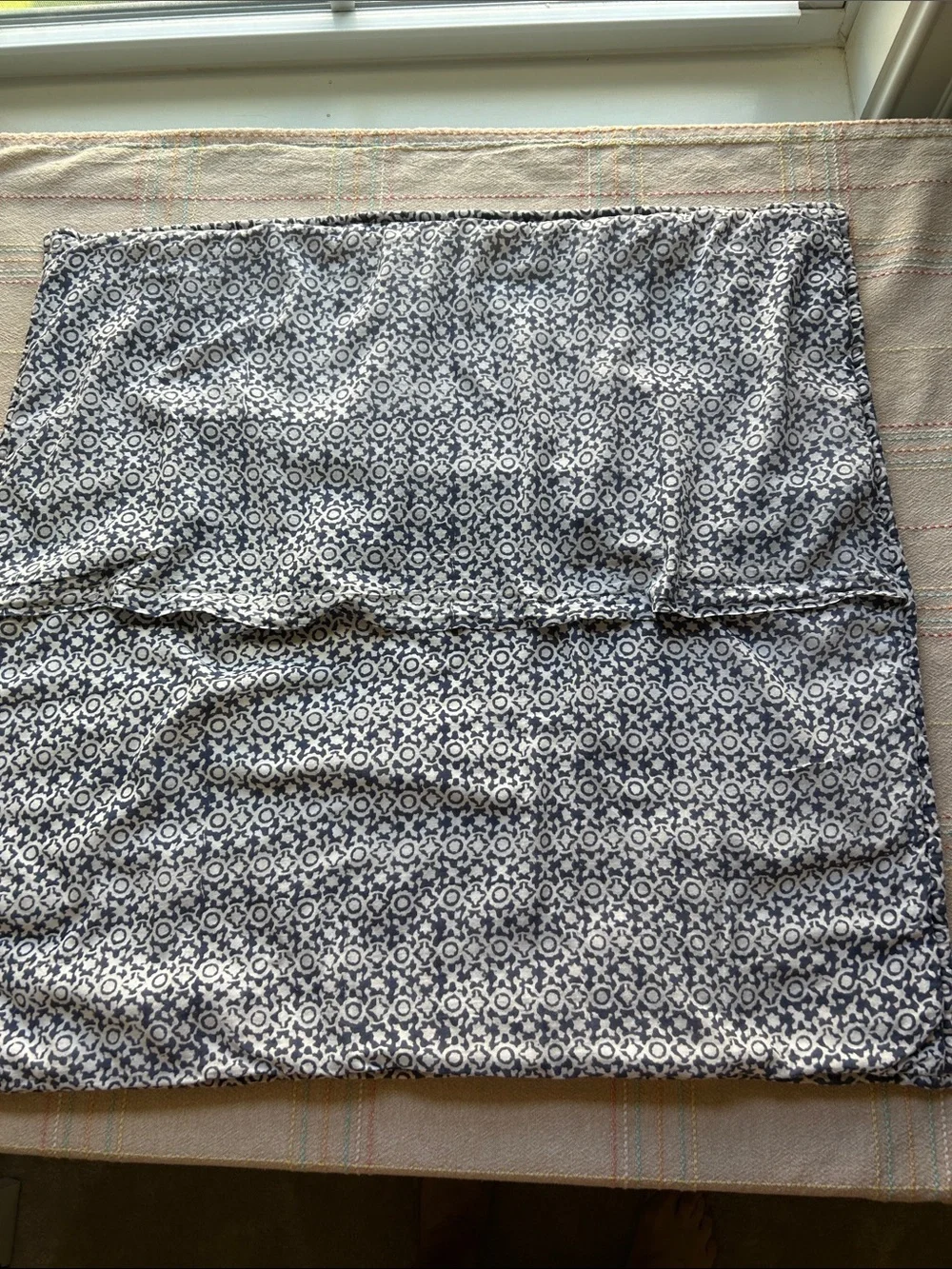 West Elm Quilted Euro Sham Pillow Cover Medallion Block Print Blue & White